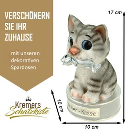 Kremers Schatzkiste Pet Money Box Cat with Fish Hand-Painted Polyresin 17 x 10 x 10 cm – Gift Idea for Animal Lovers – Saving for Vets, Treats, Emergencies
