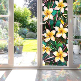 Decorative Plumeria Stained Glass Window Film, Plumeria Stained Glass Window Film for Bathroom Door Heat Anti UV RF03