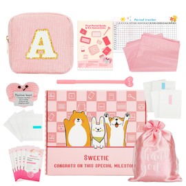 Essential First Period Kit for Girls 9-12 with Custom Initial Bag-Letter A,Period Bags,Tracker and More for Tweens Girls