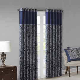 Madison Park - MP40-4896 Aubrey Faux Silk Paisley Jacquard, Rod Pocket Curtain with Privacy Lining for Living Room, Kitchen, Bedroom and Dorm, 50" x 84", Navy