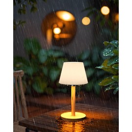 Outdoor Waterproof Table Lamp for Patio, Small Cordless Battery-Operated Lamp, Rechargeable Shower Light, 3 Lighting Modes Desk Light with Pull Chain Garden Outside Camping Bathroom, Wood Grain