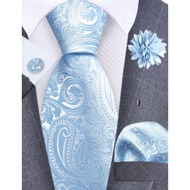 GUSLESON Mens Baby Blue Tie for Wedding Silk Paisley Necktie Pocket Square Cufflinks and Lapel Pin Brooch Set (6103-34)