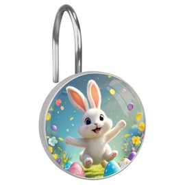 Easter 12pcs Shower Curtain Hooks,Cute Rabbit Decorative Shower Curtain Hanger Rings Roller,Stainless Steel Round Shower Rings Hangers for Bathroom