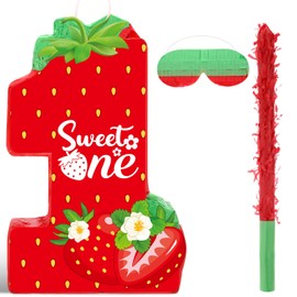 Aoriher Strawberry 1st Birthday piñata Strawberry piñata Summer Berry Strawberry piñata with stick Blindfold Mask Confetti for Girls Strawberry Theme Birthday Baby Shower Party Game Supplies Decor