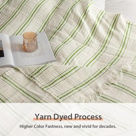 Simple&Opulence Yarn Dyed Striped Cotton Muslin Throw Blanket for Bed, Couch, Knit Woven Blanket with Tassels Soft Lightweight Cozy Pre-Washed Breathable Farmhouse Decoration for All-Season(Green)