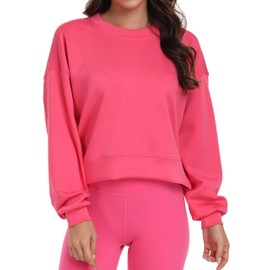YUNOGA Women's Crewneck Sweatshirt Casual Cropped Pullover Long Sleeves Workout Sweatshirt Tops (S, Hot Pink)