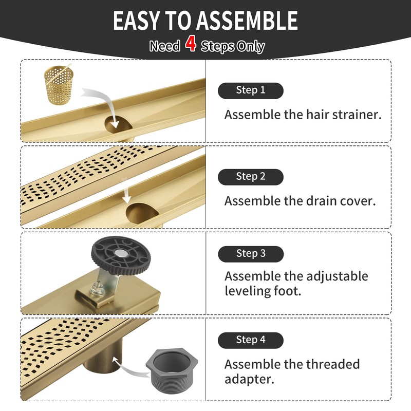 BAUNVB Linear Shower Drain 36 Inch Rectangular, Brushed Gold 304