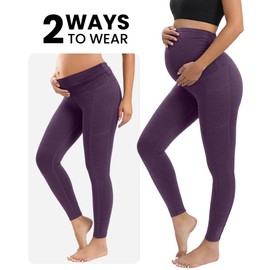 IUGA Maternity Leggings Over The Belly Buttery Soft Maternity Yoga Pants with Pockets Pregnancy Leggings for Women Activewear Purple