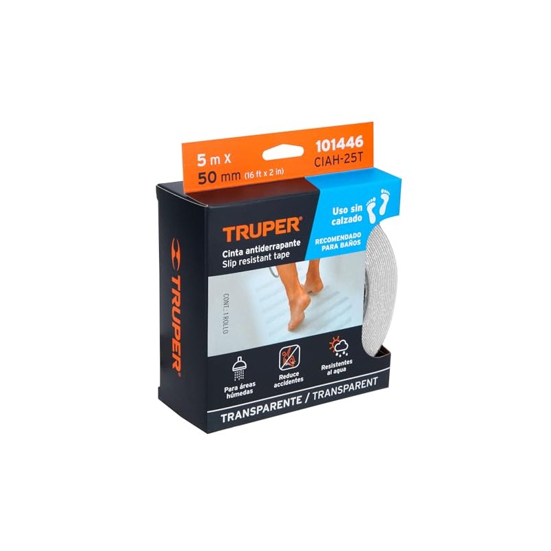 Truper CIAH-25T, Rollo de 5 m cinta antiderrapante transparente 50