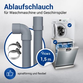 VIOKS Flexible Waste Water Hose Washing Machine 1.5 m 19/22 mm Diameter with 2 x Hose Clamps Stainless Steel 18-28 mm Diameter – Drain Hose Dishwasher with Hose Clips Set & Drain Hoses for Washing