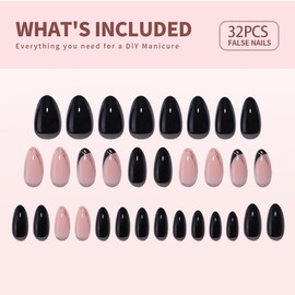 Curvlife Press On Nails Stick On Short Design Acrylic Stick On Nails Tips Glue On False Nails Kit For Women (Black gold border-gel, Medium)