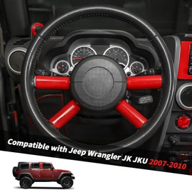 Jimen Compatible with Jeep Wrangler JK JKU 2007-2010, 4PCS Car Steering Wheel Overlay Cover Interior Trim Accessories (Red)