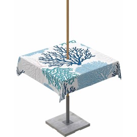Coral Outdoor Table Cloth 54x54 Inch Rectangle Blue Green Coral Minimalist Art Tablecloth with Umbrella Hole and Zipper,Waterproof Wrinkle Free Patio Table Cloths for Spring, Party, Backyard, Picnic