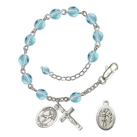 Bonyak Jewelry Hand Made Silver Plate March BlueRosary Bracelet with 6mm Fire Polished Beads Featuring a St. Sebastian/Figure Skating Charm.
