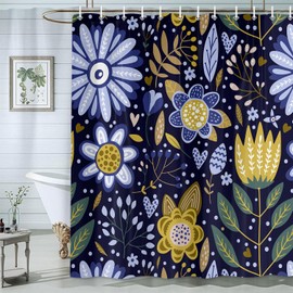 BSRAMZ Boho Floral Blue Shower Curtain, Farmhouse Bohemian Aesthetic Modern Flower Fabric Shower Curtains Set for Bathroom, Bohemia Abstract Leaves Restroom Decor Accessories with Hooks 70X70in