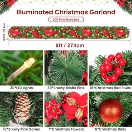 Christmas Garland with Lights, 9FT Lighted Christmas Garland with 30 LED, Prelit Garland Battery Operated Garland Christmas Decorations for Stairs Railing Fireplace Mantle Front Door Porch Home