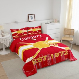 Erosebridal Ice Hockey Comforter Twin Size,Ice Hockey Bedding Set for Boys,Hockey Comforter Sets for Ice Hockey Fan,Ice Hockey City Duvet Insert with 1 Pillowcase Bedroom Decor(Calgary)