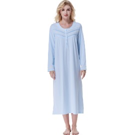Keyocean Nightgown for Women, Soft 100% Cotton Long Sleeves Lightweight Comfy Ladies Sleeping-Gown, Light Blue, Large