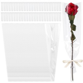 100 Pcs Single Rose Sleeve Bouquet Bags with 100 Pcs Floral Water Tubes for Flowers Packaging Bag Single Flower Wrapping Paper for Birthday Mother's Day Valentine's Day Wedding Gift, Transparent