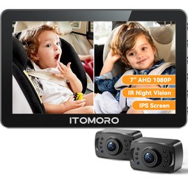 Itomoro Rear Facing Mirrors, 2 Kids Baby Car Camera, 7'' Ultra Wide 1080P HD Display with 2 IR Night Vision Cameras, 150° Wide Angle, 360° Rotatable, Easy Install