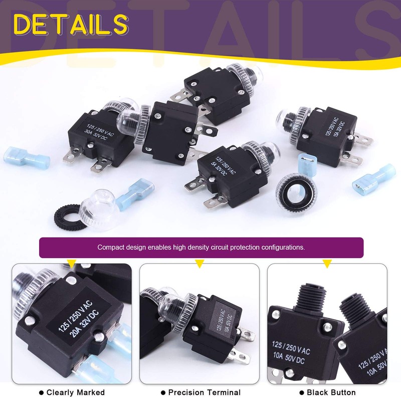 Swpeet 30Pcs 5 Sizes Thermal Circuit Breaker with Quick Connect