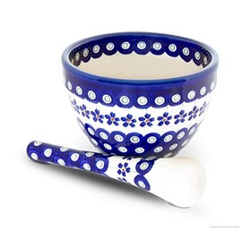 Original Bunzlauer Keramik Mörser mit Stößel im Set, Gewürzmörser zum Mahlen, Zerkleinern & Pürieren von Groß & Klein im Dekor 166a