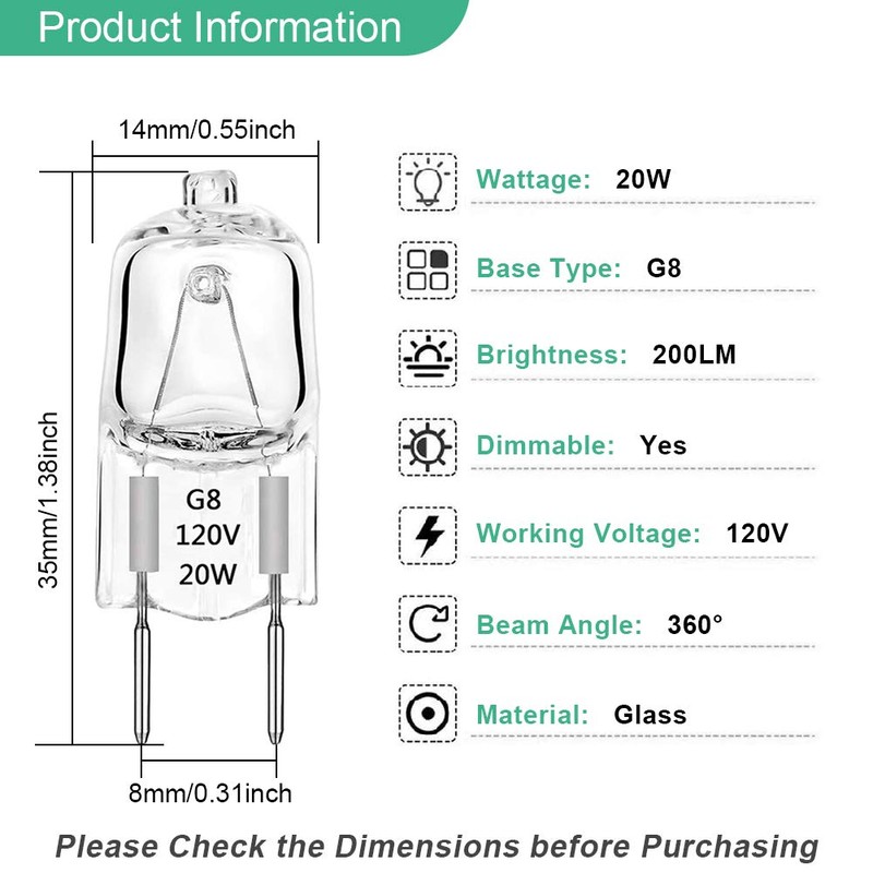 TAIYALOO G8 Halogen Light Bulbs 20W Dimmable 120V G8 Base