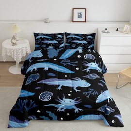 Feelyou Cartoon Axolotl Comforter Kawaii Axolotl Comforter Set 3D Animals Theme Bedding Set for Kids Adults Salamander Black Blue Duvet Set Ultra Soft Room Decor Quilt Set Full