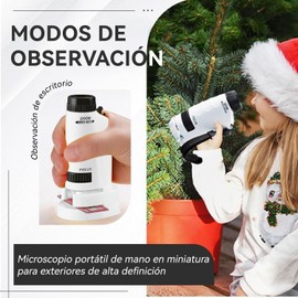 Microscopio Portátil para Niños, Microscopio de Bolsillo con Aumento 60X-180X, con Iluminación LED, Regalos de Navidad, Portátil Mini Microscopio para Fácil de Usar, para Niños y Adultos(Blanco)