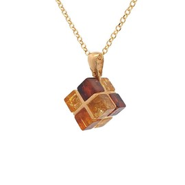 Kiara Jewellery Sterling Silver Yellow Gold Plated Designer Cube Pendant Necklace Inlaid With Multi Colour Amber On 18" Sterling Silver Chain.