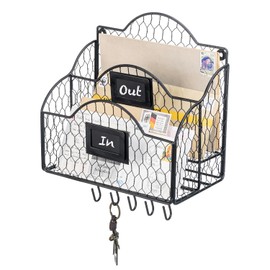 MyGift 2 Compartment Mail Inbox/Outbox Sorter, Wall Mounted Modern Black Metal Wire Entryway Organizer Basket with Chalkboard Labels and 5 Hanging Key Hooks