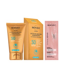 Biopoint Solaire Sonnenmilch für das Gesicht, sublimierend, LSF 50, Bräunungsbeschleunigung, antioxidativ und feuchtigkeitsspendend, 200 ml, inklusive Shampoo Extreme Repair 10 ml