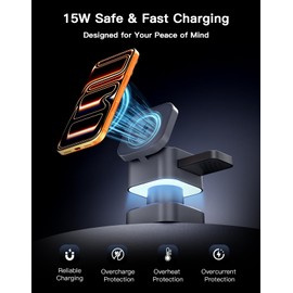 3 in 1 Wireless Charging Station, Wireless Charger with Night-Lamp & Retractable Design, Phone Wireless Charger Fast Charger for Phone 17/16/15/14/13/12/11/X Pro/Max/Plus/Watch/pods