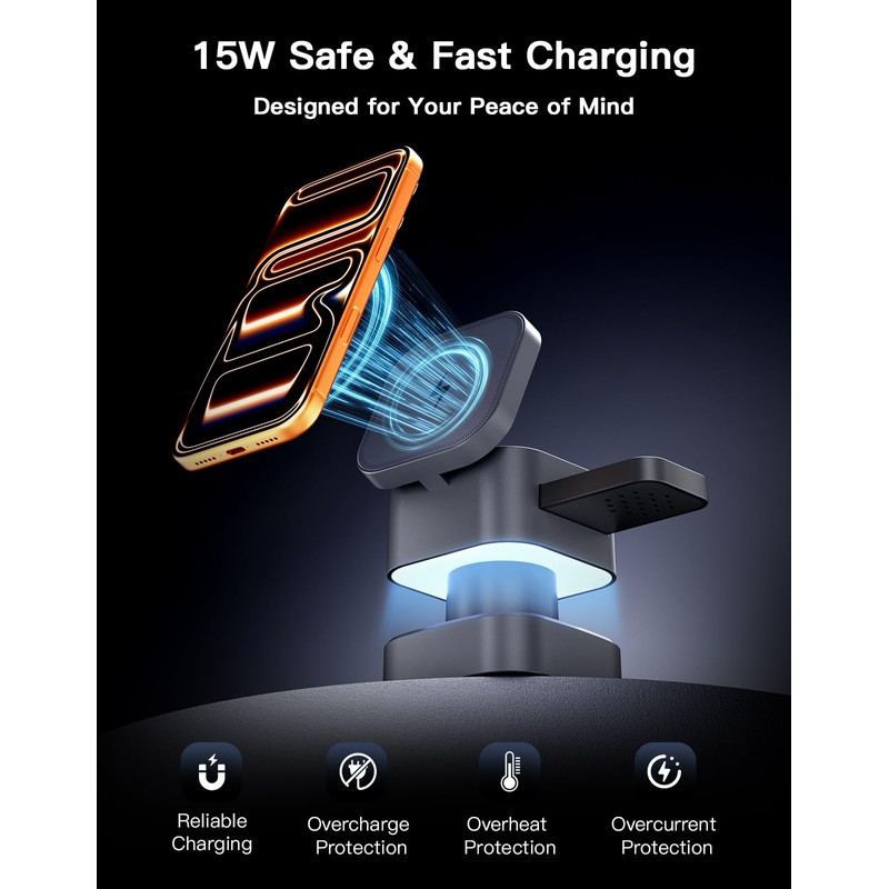 3 in 1 Wireless Charging Station, Wireless Charger with Night-Lamp
