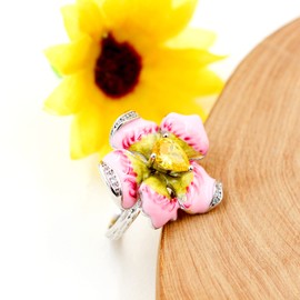 Uloveido Women's Platinum Plated Peony Flower Rings, Fashion Pink Enamel Yellow Cubic Zirconia Cocktail Rings for Women Y1596