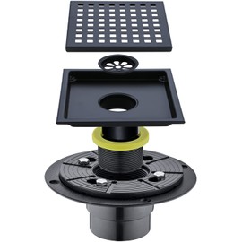 SEABEFORE Matte Black Shower Drain Kit 6 inch Square Floor Drain with Tile Insert Grate Removable, Invisible Look or Flat Cover, SUS304 Stainless Steel, with Threaded Adapter