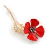 Bright Red Enamel Poppy Brooch In Gold Tone Metal -
