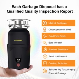 A600 Garbage Disposal 3/4 HP for Kitchen Sink, Food Waste Disposer Fast Continuous Feed Stainless Steel Grind, Quiet, Ease Install, With Power Cord, Powerful Drainage Compact Design 0.75 Horsepower