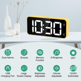 HERMIC Alarm Clock Bedside Clock Large Digital Led Display, Full-Range Brightness Dimmer, Adjustable Alarm Volume, Snooze, Dual Alarm, 12/24H, Easy to Use Mains Powered Yellow