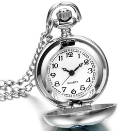 JewelryWe Mother's Day Gift Retro Pocket Watch with Chain Women Men Analogue Quartz Chain Watch Vintage Watch Pendant with Necklace Gift for Women Men, silver horses, Christmas Day, birthday