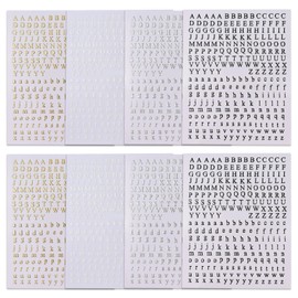 ROFIBUT Letters Nail Art Stickers English Alphabet Nail Decals 3D Self-Adhesive Metallic Gold Silver Nail Sticker Black Alphabet Nail Art Supplies for Women Girls DIY Nail Decoration Manicure 8 Sheets