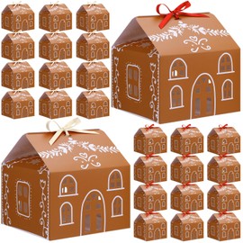 Gueevin 24 Pcs Large Christmas Gingerbread House Gift Boxes Xmas Cookie Packaging with 12 White & 12 Red Ribbons for Festive Holiday Treats & Party Favors(8.3 x 8.3 x 8.5 in)