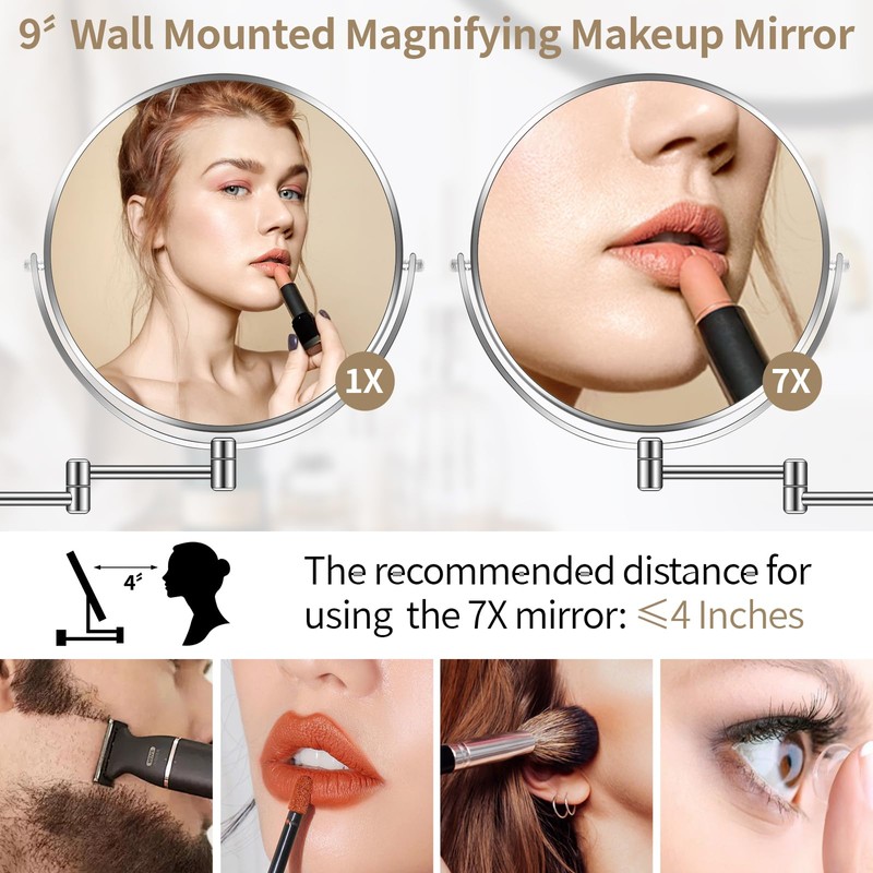 BTremary 9” Large Wall Mounted Makeup Mirror 1X/7X Double-Side Bathroom