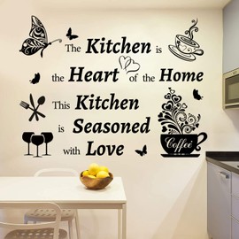 Kitchen Wall Decals Dining Room Quotes Wall Stickers The Kitchen is The Heart of the Home Sign Decor Word Saying Lettering Wall Decals Butterfly Coffee Cup Sticker for Family Home Restaurant Decor