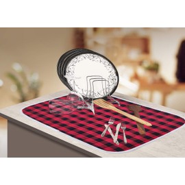 2-Piece Dish Drying Mat Set Extra Large 18"x24" Buffalo Classic Check Plaid - Red Black,Dish Drying Mat,Buffalo Check Drying Mat,Buffalo Plaid Drying Mat, Plaid Drying Mat,Large Dish Mat Drying