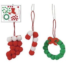 PWS Sales Pom-Pom Christmas Ornaments Craft Kit for Kids-Stocking, Wreath, Candy Cane Shapes-Makes 12