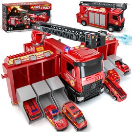 Lehoo Castle Fire Truck Toy for 2 3 4 5 Years Old Boys, Fire Trucks Playset with Rotating Ladder, Realistic Lights & Sounds, Birthday Gifts for Toddlers 2+