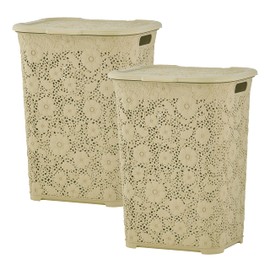 Superio Laundry Hamper with Lid Lace Design 50 Liter – 2 Pack Laundry Hamper Basket with Cutout Handles, Rectangular Shape Modern Style Bin -Dirty Cloths Storage (Beige 2 Pack)
