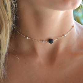 Inilbran Boho Lava Bead Choker Necklace Vintage Volcanic Stone Necklace Silver Lava Stone Beaded Necklace Adjustable Natural Volcanic Rock Necklace Chain Jewelry for Women and Girls