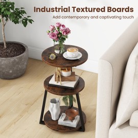 Giantex Round End Table Set of 2, Industrial Side Table with Sturdy Metal Frame, Coffee Table, 3-Tier Bedside Table for Bedroom, Living Room, Couch, Accent Table for Small Spaces, Rustic Brown
